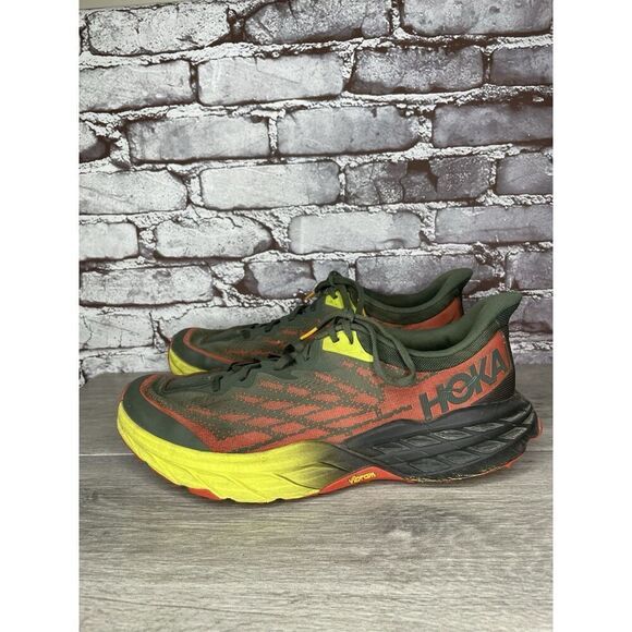 Hoka One Speedgoat 5 Thyme Fiesta Gray Fabric Red Yellow Gym Shoes Men 12 2E US main image 5